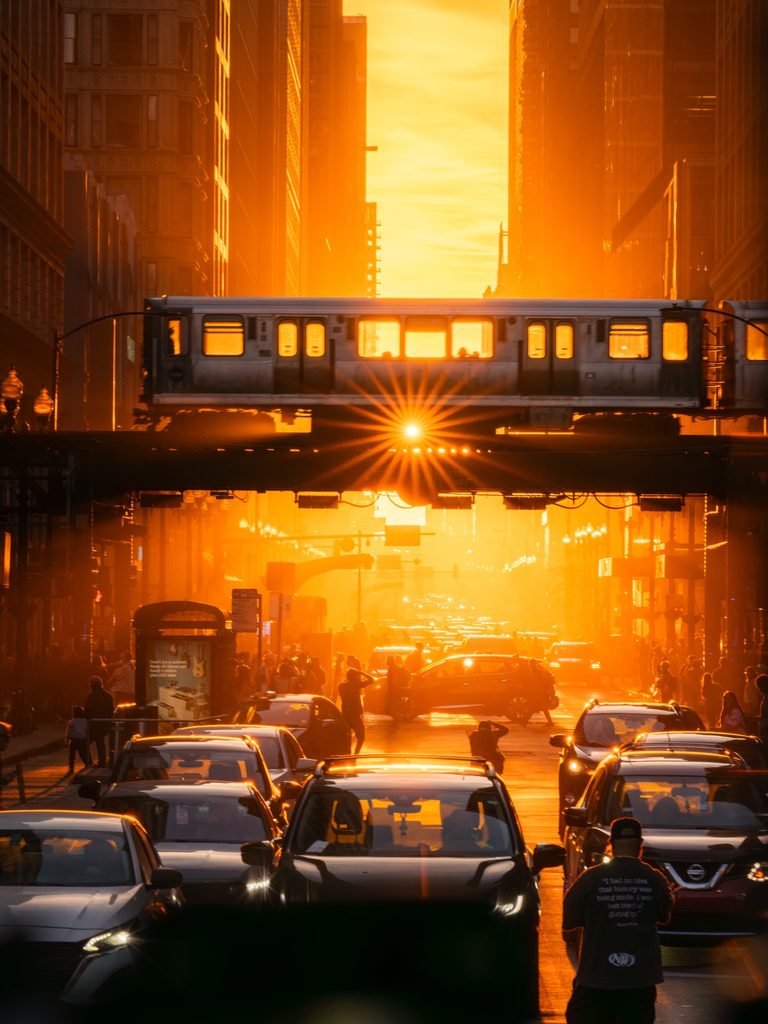 A Chicago L train passes over a busy street packed with cars during the vibrant golden glow of a Chicagohenge sunset.