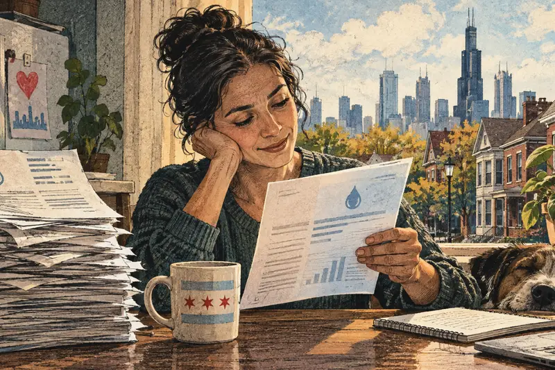 Illustration of a Chicago resident smiling while reviewing water utility bills with the city skyline and Chicago mug visible at her desk.