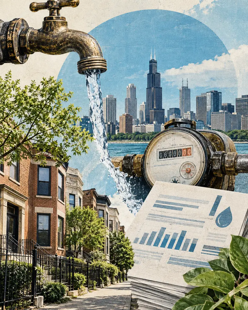 Editorial collage of a brass spigot pouring water over Chicago row homes, a water meter, utility bill graphs, and the city skyline.
