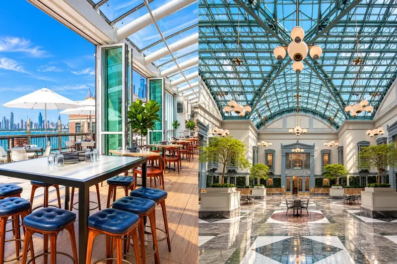 A side-by-side comparison shows two grand architectural spaces in Chicago under expansive glass ceilings. The left side features a bright, modern rooftop restaurant with an indoor-outdoor patio layout, wooden tables with blue tufted barstools, and views of a city skyline over water. The right side features a soaring indoor atrium with a teal steel framework ceiling, a polished geometric marble floor, symmetrical classic facades, and hanging globe chandeliers.