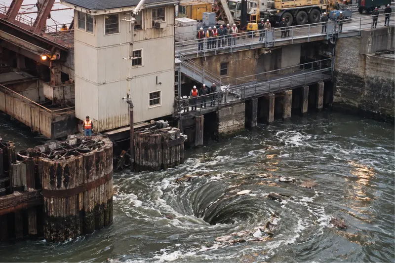 An illustration of a massive whirlpool spinning in the Chicago River next to a bridgehouse and wooden pilings, as construction workers and engineers look on from above.