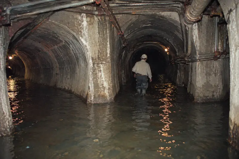 An illustration of a city worker in a hard hat wading through knee-deep floodwater inside the arched concrete underground freight tunnels beneath the Chicago Loop.