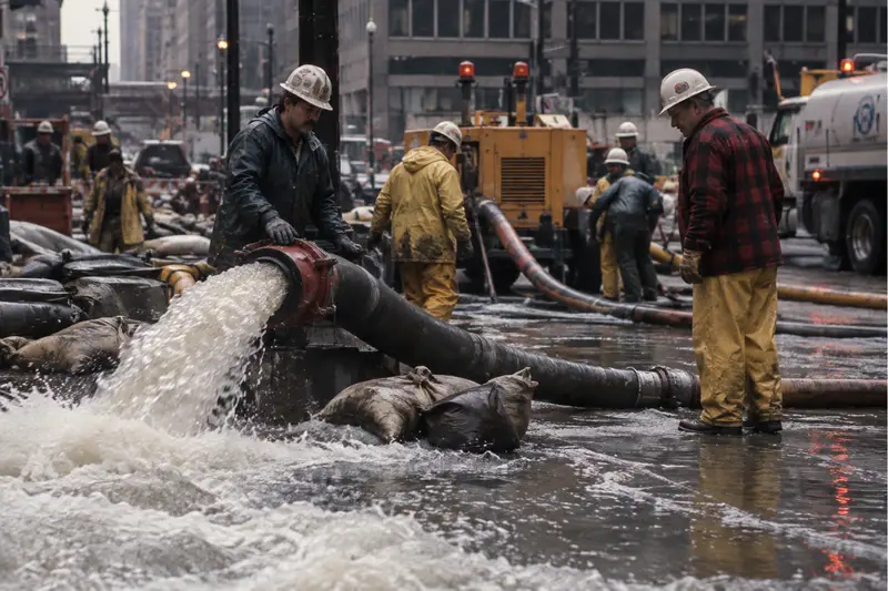 An illustration of construction workers in hard hats and yellow rain gear using heavy-duty industrial hoses to pump rushing floodwater out of a downtown Chicago street.