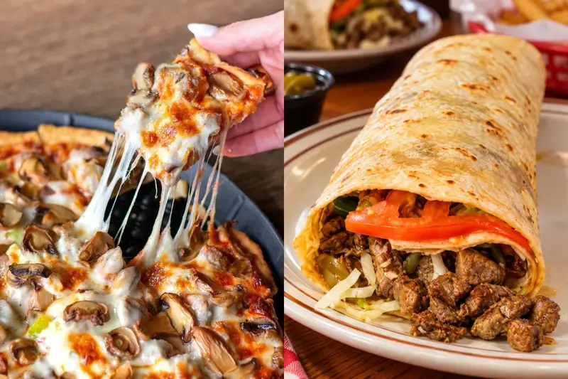A side-by-side split image showcasing two popular comfort foods. On the left, a hand pulls a hot slice of thick-crust pizza topped with melted mozzarella cheese, savory sausage, and sliced mushrooms, creating dramatic, stretchy cheese pulls. On the right, a close-up shows a large, tightly wrapped burrito filled with seasoned carne asada steak, shredded lettuce, and a slice of fresh red tomato.