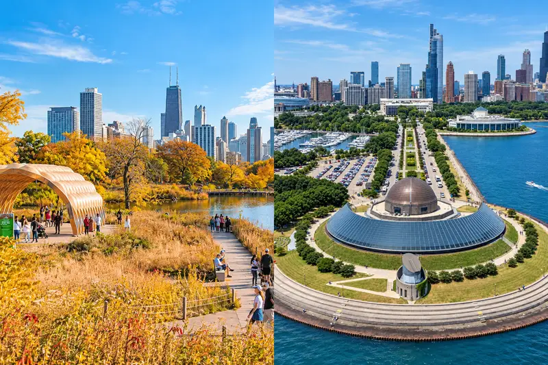 A side-by-side image of two free Chicago skyline views: on the left, the wooden Honeycomb pavilion at Lincoln Park surrounded by golden autumn foliage, and on the right, a sunny aerial view of the Adler Planetarium on Lake Michigan with the downtown skyscrapers in the background.