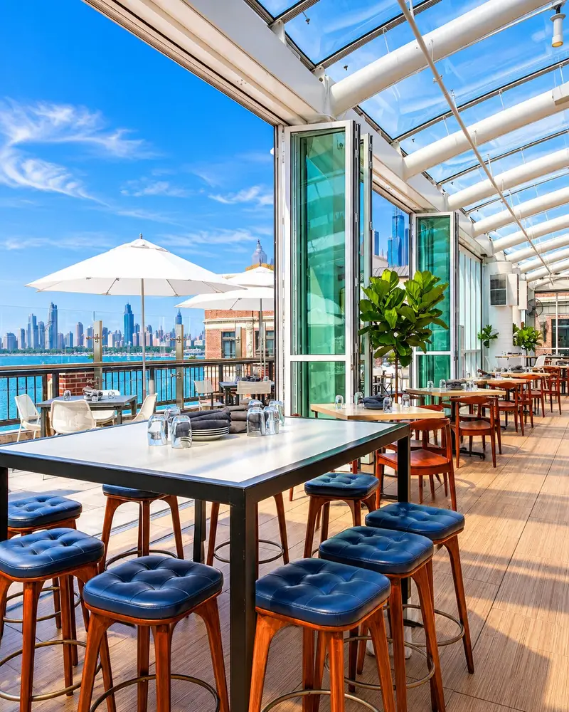 bright rooftop restaurant features an indoor-outdoor dining layout under a large, retractable glass conservatory ceiling supported by white metal framing. Blue tufted barstools surround high-top wooden tables inside the sunlit interior, which opens up through folded glass partition doors to an outdoor patio overlooking a vast blue lake and a distant city skyline under a clear sky.