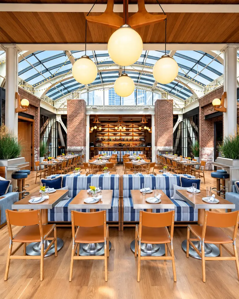 An airy rooftop dining space features a vaulted glass ceiling accented by draped string lights that reveal a clear blue sky above. Set on light wood flooring, several dining tables with yellow flowers in small vases face a wall of floor-to-ceiling glass doors opening up to an outdoor balcony view.