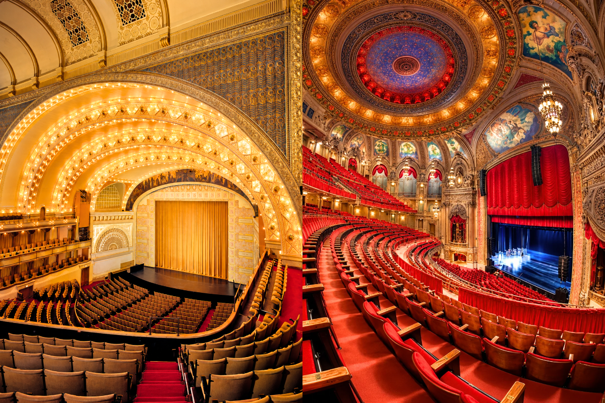 A side-by-side comparison showcases the grand interiors of two historic Chicago performance venues. The left panel highlights the magnificent glowing concentric arches of the Auditorium Theatre, while the right panel displays the opulent red seating, massive dome ceiling, and ornate gilded detailing of the Cadillac Palace Theatre.