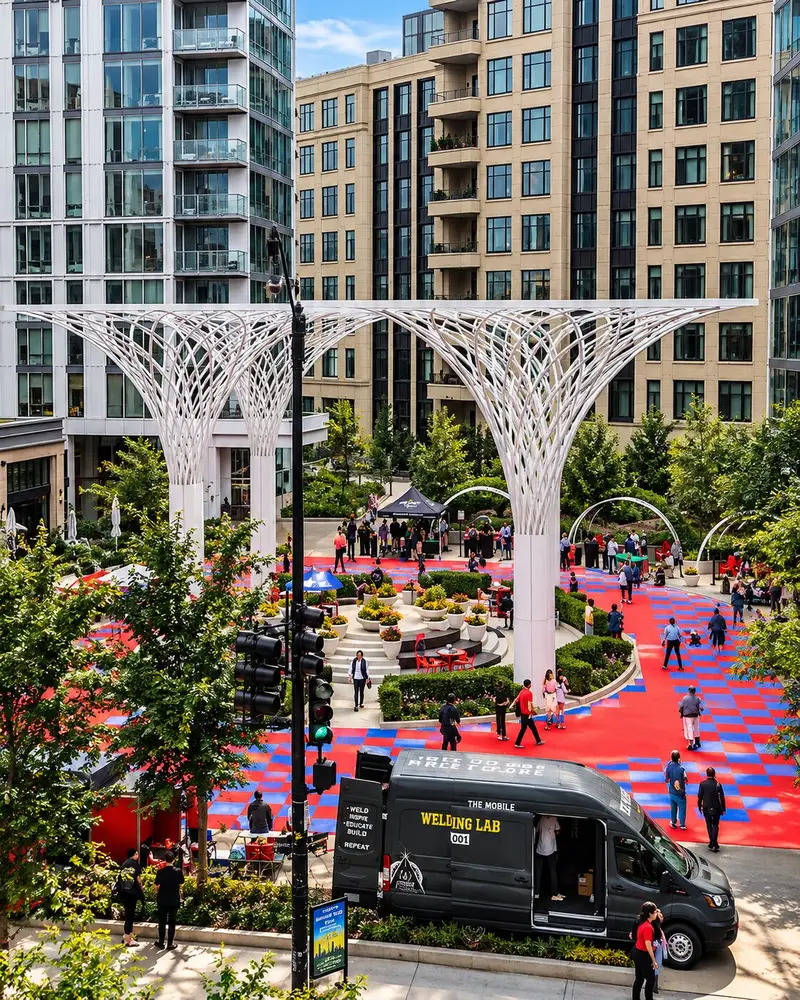 An overhead view shows a bustling outdoor plaza decorated with a vibrant red and blue checkered floor layout beneath a massive white structural steel trellis canopy. Pedestrians walk around the courtyard space flanked by contemporary high-rise apartment buildings, while a black van labeled "The Mobile Welding Lab" is parked along the street corner in the foreground.