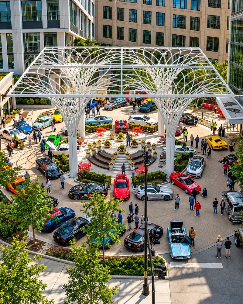 An overhead shot captures a bustling outdoor courtyard centered around a large, white architectural trellis structure shaped like stylized tree canopies. Numerous high-end sports cars and luxury vehicles in a vibrant array of colors are parked throughout the plaza, surrounded by spectators walking around and admiring the display.