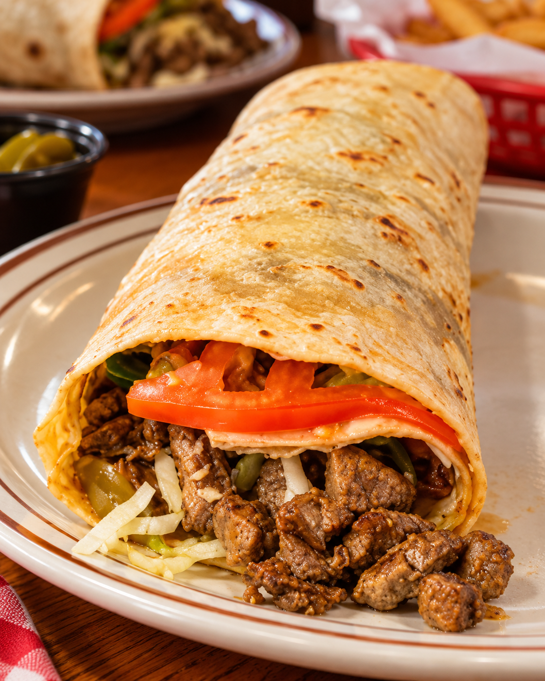 A close-up shot of a large, tightly rolled burrito served on a tan rimmed plate. The toasted flour tortilla is open at the front, revealing a generous filling of grilled carne asada steak pieces, sliced red tomato, shredded lettuce, cheese, and crema, with a second burrito and a small dish of jalapeños blurred in the background.