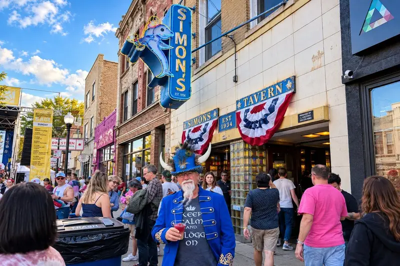 A man wearing a blue Viking helmet and a military-style jacket that reads "Keep Calm and Glögg On" holds a small glass drink in front of Simon's Tavern. The storefront features a prominent vertical blue neon sign shaped like a fish wearing a Viking helmet, with red, white, and blue bunting hanging over the entrance.