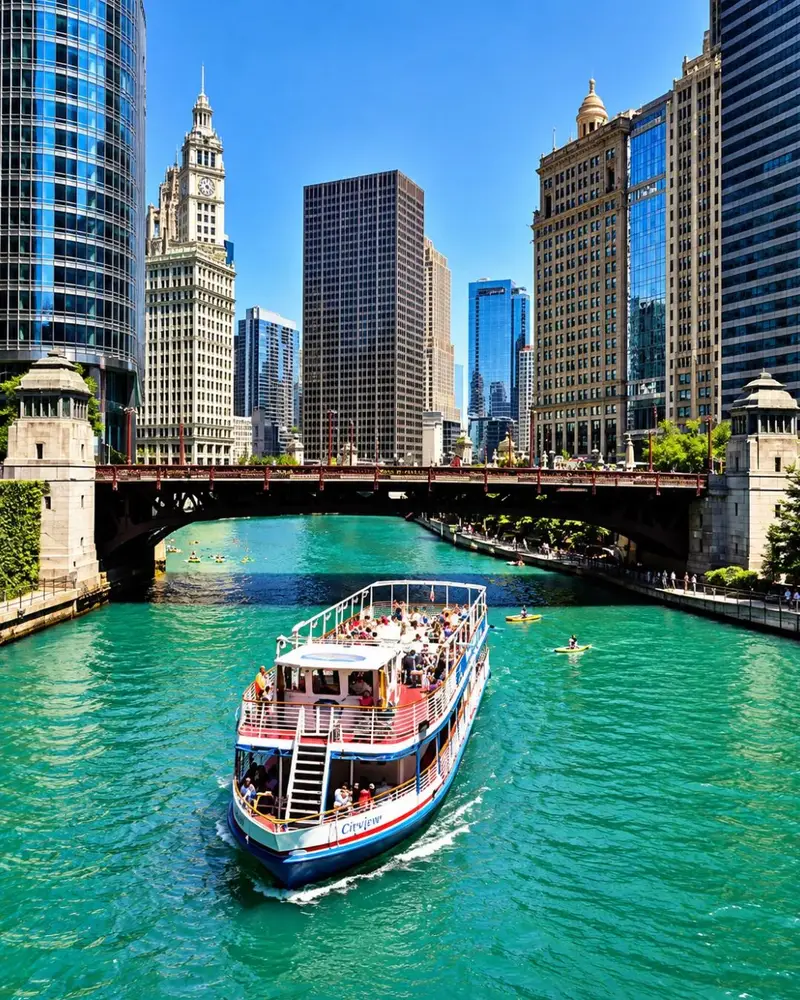 A bright sunny day on the Chicago River, featuring a double-decker architecture tour boat passing under a bridge with the historic Wrigley Building and downtown skyscrapers in the background.