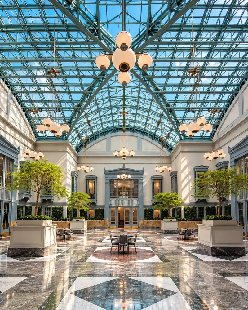 A spacious indoor atrium features a large, vaulted glass ceiling with a teal metal framework, illuminating a polished marble floor with geometric patterns below. Hanging globe chandeliers, symmetrical doorways, potted trees, and small dining setups create an elegant and airy courtyard atmosphere.