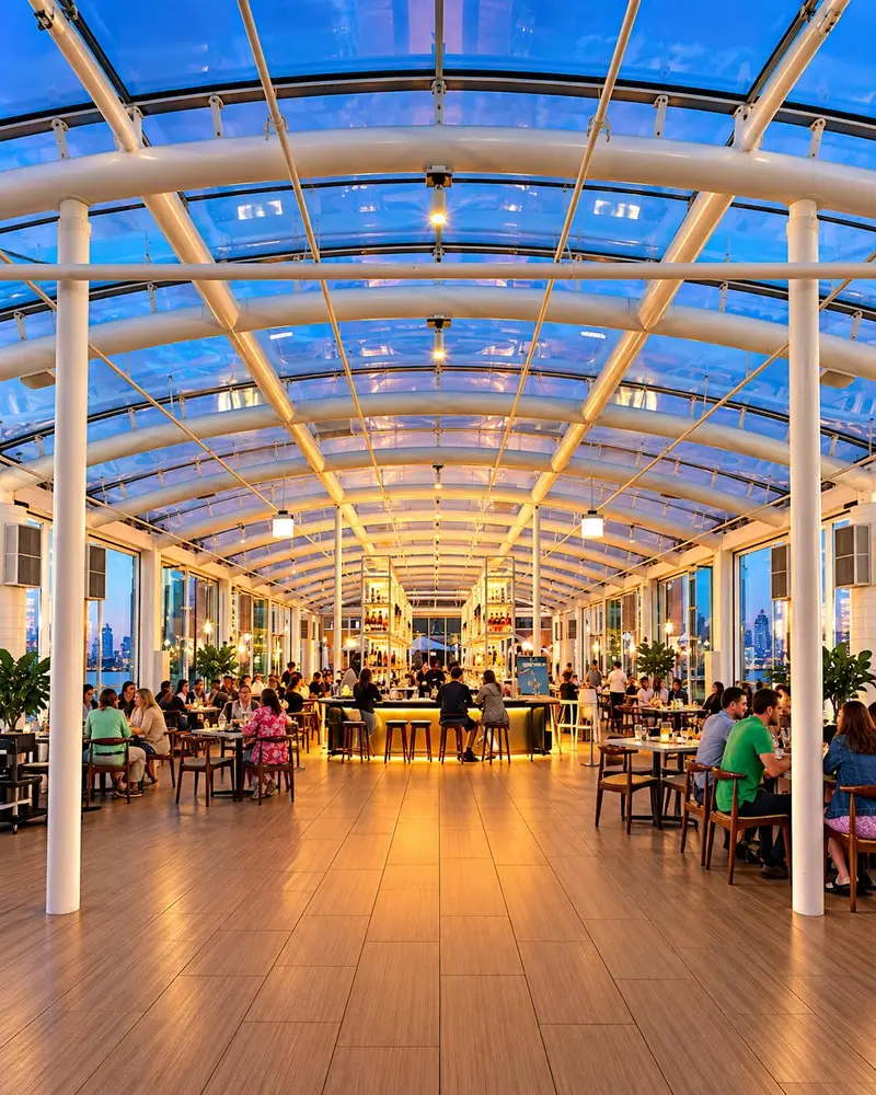 A grand, symmetrical indoor restaurant space features a massive barrel-vaulted glass ceiling supported by a prominent white steel arch frame. Numerous patrons are seated at dining tables along the sides and at a glowing central bar at the far end, with glass walls offering a twilight view of the surrounding water and a distant city skyline.