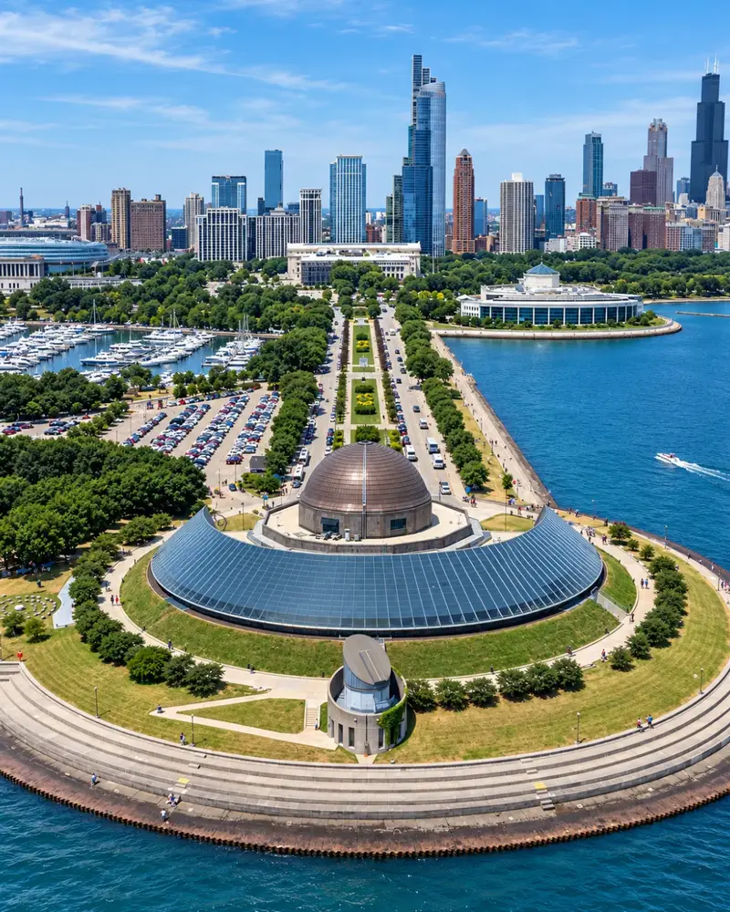 Aerial view of the Adler Planetarium sitting on a peninsula in Lake Michigan, with boats in the harbor and the downtown Chicago skyline in the background.