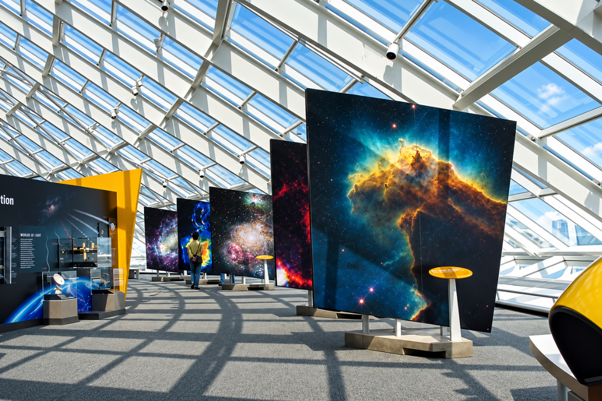 Interior of the Adler Planetarium in Chicago showing a visitor walking past large, illuminated displays of colorful deep-space nebulae and galaxies under a modern glass ceiling.