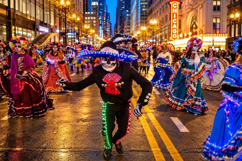A performer wearing striking sugar skull makeup stands in the middle of a street during a night parade. They are dressed in an elaborate, colorful costume featuring a gold, green, and red geometric headpiece decorated with long peacock feathers spreading outwards.