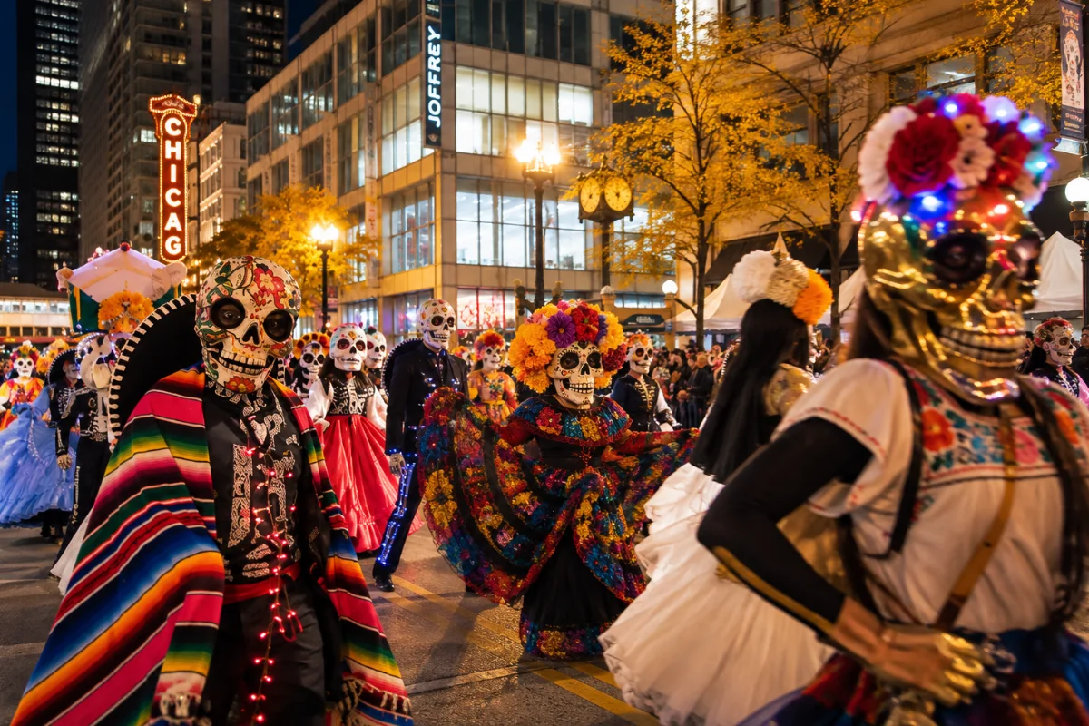 Performers wearing vibrant Día de los Muertos skull masks, glowing LED lights, and colorful traditional Mexican dresses marching in a nighttime parade down State Street, with the illuminated Chicago Theatre sign in the background.