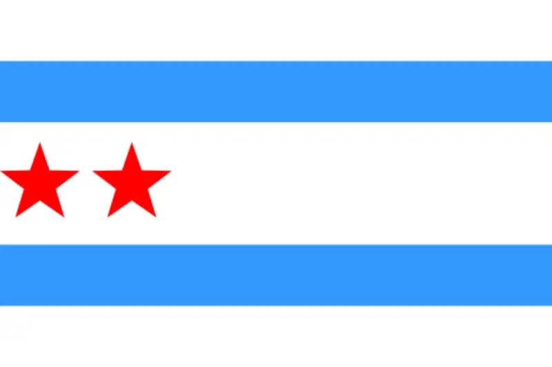 Digital recreation of Mayor William Hale Thompson's proposed 1928 Chicago flag design, featuring two five-pointed red stars instead of the traditional municipal six-pointed stars.