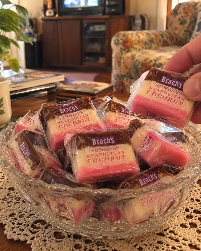 A crystal glass bowl sitting on a white lace doily is piled high with individually wrapped Brach's Sundaes Neapolitan Coconut candies. A person's hand reaches into the frame on the right side, lifting one of the distinctive layered pink, white, and brown treats out of the dish.