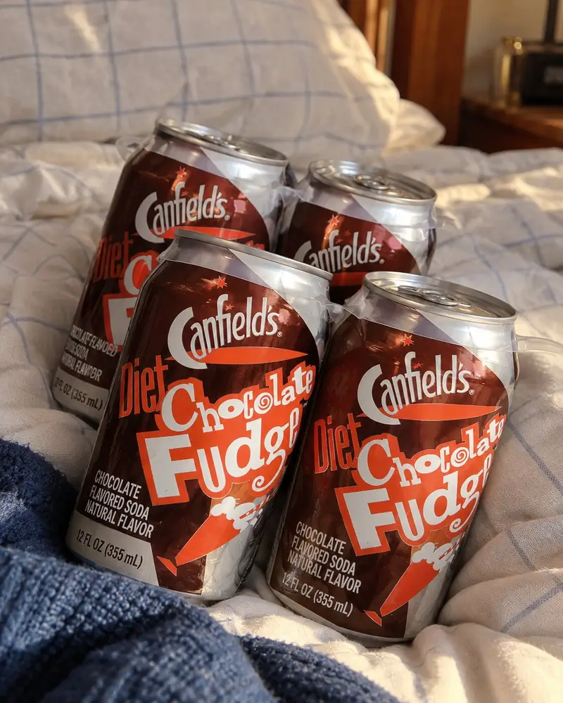 A plastic-ringed four-pack of vintage Canfield's Diet Chocolate Fudge soda cans rests on a white and blue gridded blanket in soft sunlight. The silver 12-ounce cans feature a dark brown graphic background with the white cursive Canfield's logo and bold orange-red text reading "Diet Chocolate Fudge."