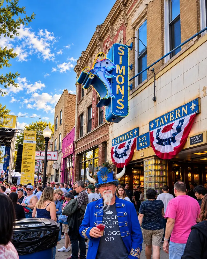 A man dressed in a blue jacket and a horned Viking hat stands on a crowded sidewalk holding a red drink outside Simon's Tavern. Above him, a large neon sign shaped like a blue fish with a martini glass hangs over the entrance, which is decorated with patriotic bunting under a blue sky.
