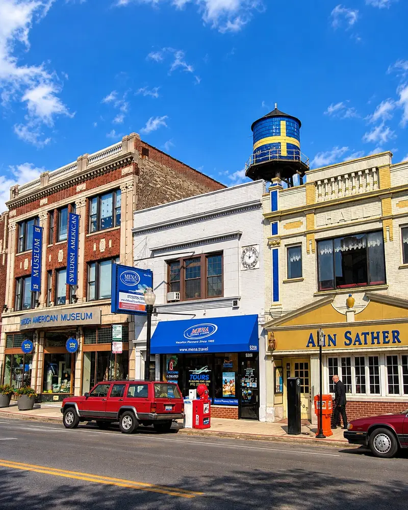 A row of historic storefront buildings includes the brick Swedish American Museum alongside local shops under a bright blue sky. A prominent water tower painted like the Swedish flag sits on top of one of the buildings, while a red SUV is parked along the street corner in front.
