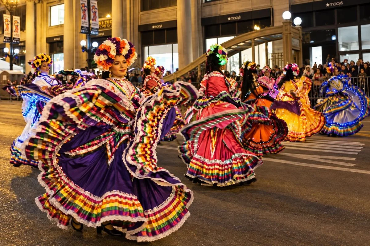 A group of women dancing in a nighttime parade on State Street in Chicago, twirling colorful traditional Mexican folklórico dresses illuminated with glowing LED lights, with the historic Macy's building in the background.