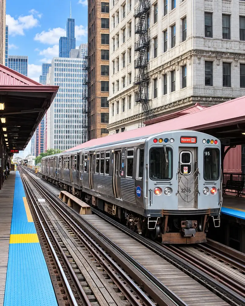 A silver Chicago CTA "L" train destination marked for Midway sits on the elevated tracks at an outdoor station platform. The train's lead car displays car number 3205 with a glowing destination sign, positioned adjacent to a concrete platform featuring a prominent bright blue safety strip. In the background, towering urban office buildings line the tracks under an overcast sky.