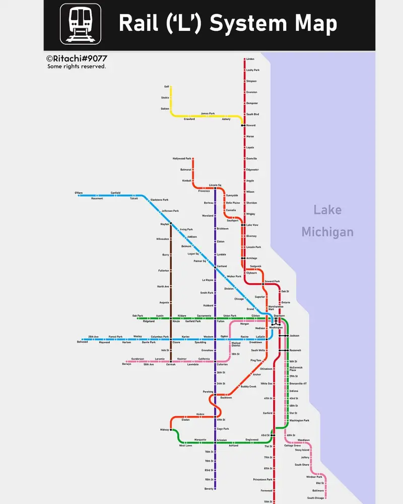 A colorful, simplified transit map displays the Chicago CTA Elevated and Subway train lines running parallel to a blue-shaded Lake Michigan on the right. Brightly color-coded transit routes—including Blue, Red, Brown, Green, Pink, Orange, and Purple lines—connect various neighborhoods to a central black rectangular "Downtown" station cluster. An inset map in the bottom left corner breaks down the detailed stops within the Downtown Loop and subway system.