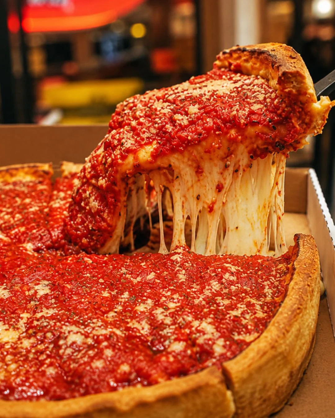 A pizza server lifts a thick, triangular slice of Chicago deep-dish pizza from a cardboard box, showcasing an intense cheese pull of melting mozzarella. The pizza features a deep, golden-brown crust heavily topped with bright red tomato sauce and sprinkled parmesan cheese.