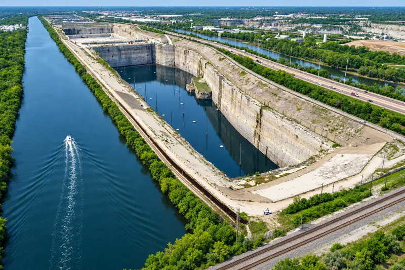Aerial view of a massive, deep rock reservoir filled with water next to a canal and highway, part of Chicago's Deep Tunnel system designed to prevent urban flooding.