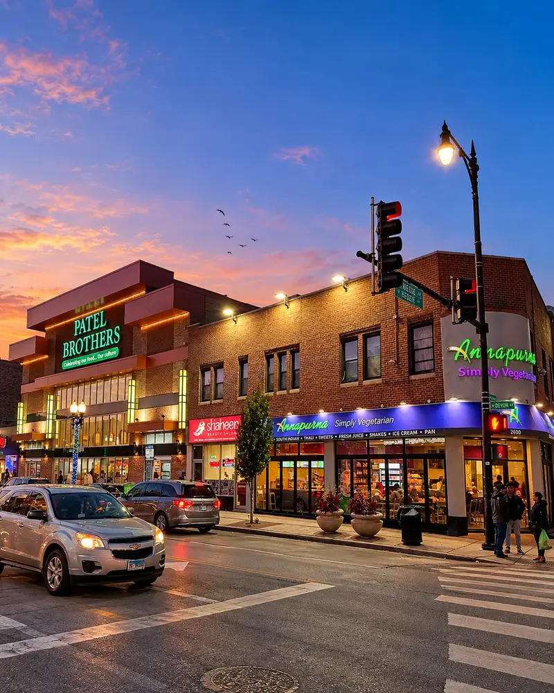 A bustling city street corner at dusk features illuminated storefronts for Patel Brothers grocery store and Annapurna Simply Vegetarian restaurant. Several cars drive along the road, and pedestrians stand near the intersection under a streetlamp against a purple evening sky.