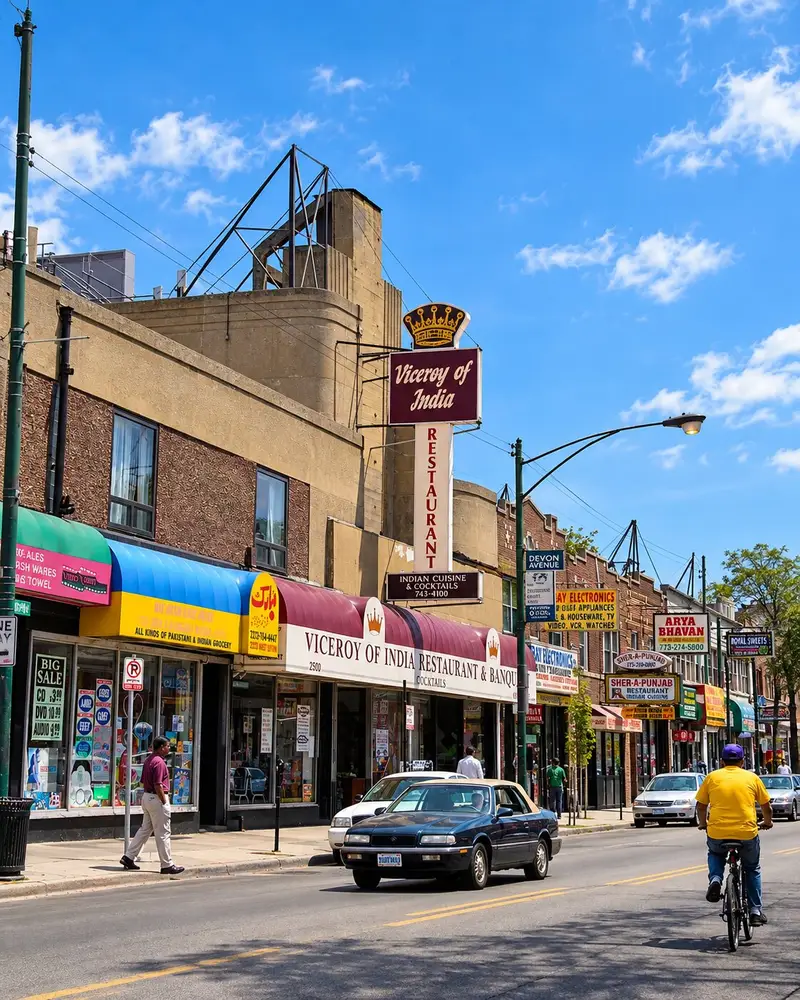 A sunny city street is lined with various storefronts, featuring a prominent restaurant named Viceroy of India with a large sign topped by a crown emblem. Cars drive down the multi-lane road, a pedestrian walks on the sidewalk, and a cyclist rides in the foreground under a clear blue sky.