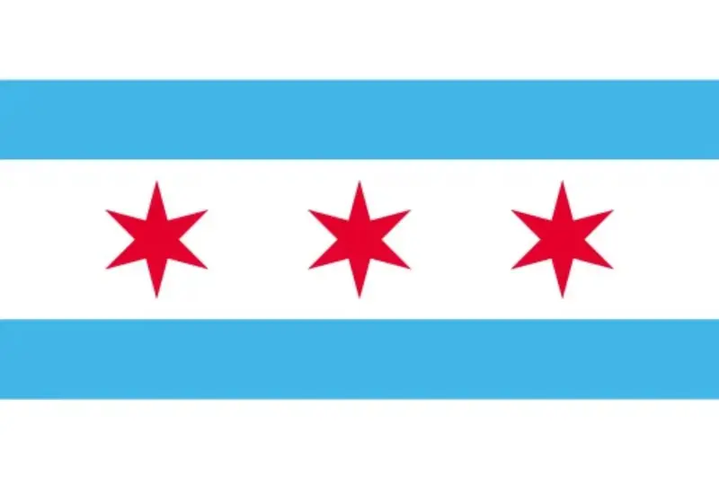 Digital recreation of the three-star Chicago flag used from 1933 to 1939, showing the stars recentered across the middle white bar before the Fort Dearborn star was added.