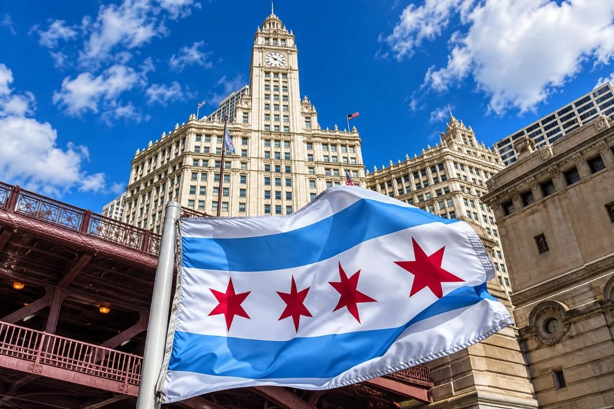 The Chicago flag waving in the wind against a blue sky, with the historic white terra cotta architecture of the Wrigley Building in the background.
