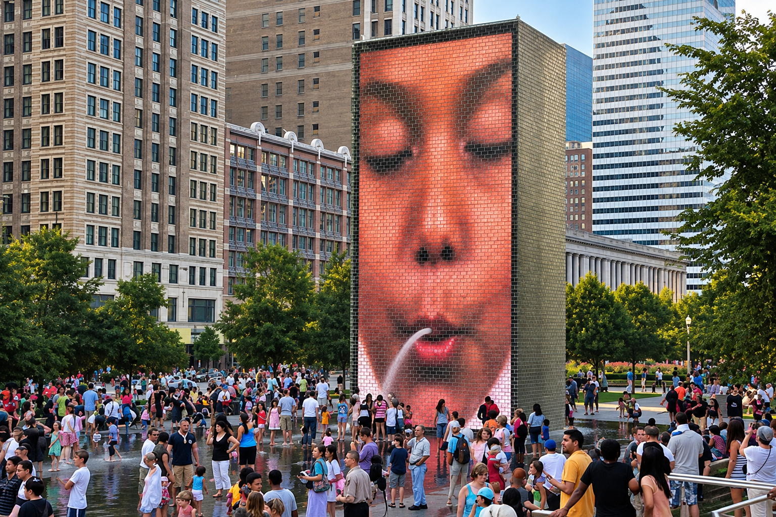 Families and tourists gather and play in the water at Crown Fountain in Chicago's Millennium Park, which features a giant LED screen displaying a local resident's face.