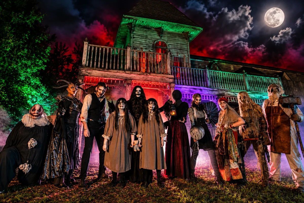 A group of terrifying haunted house actors in full costume and makeup, including a creepy clown and spooky twins, standing in front of a glowing haunted mansion at night under a full moon.