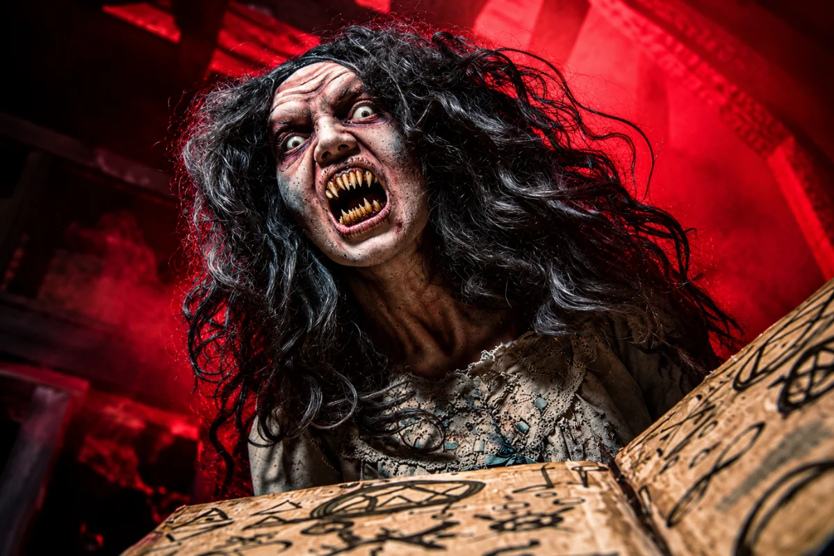 Haunted house scare actor with fangs and tangled black hair screaming behind an open ancient spellbook under eerie red stage lighting.