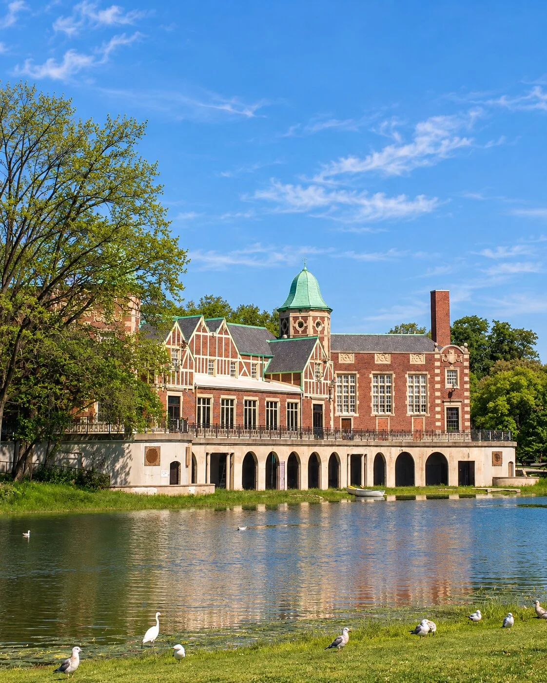 An expansive brick and stone historic boathouse with a green-steepled tower sits overlooking a calm lagoon. The water's edge features a grassy bank populated by several white birds and seagulls under a bright blue sky.