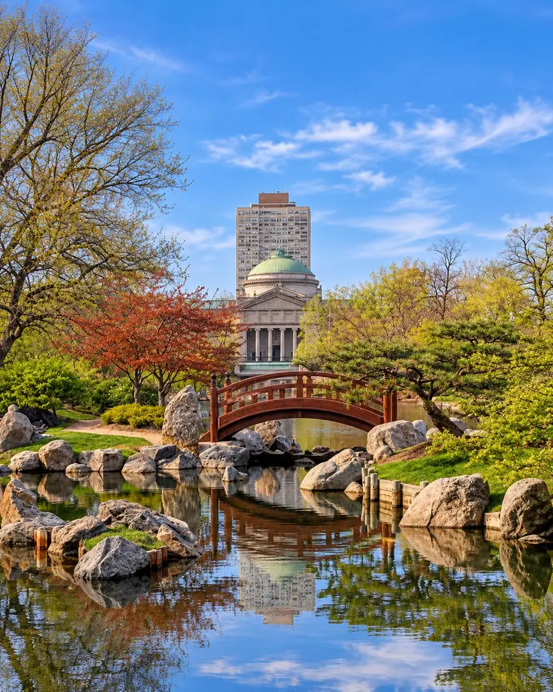 An elegant wooden arched bridge spans across a calm pond filled with large rocks that perfectly reflect in the water. In the background, a classical building with a prominent green domed roof rises above lush spring trees and a distant high-rise tower under a bright blue sky.