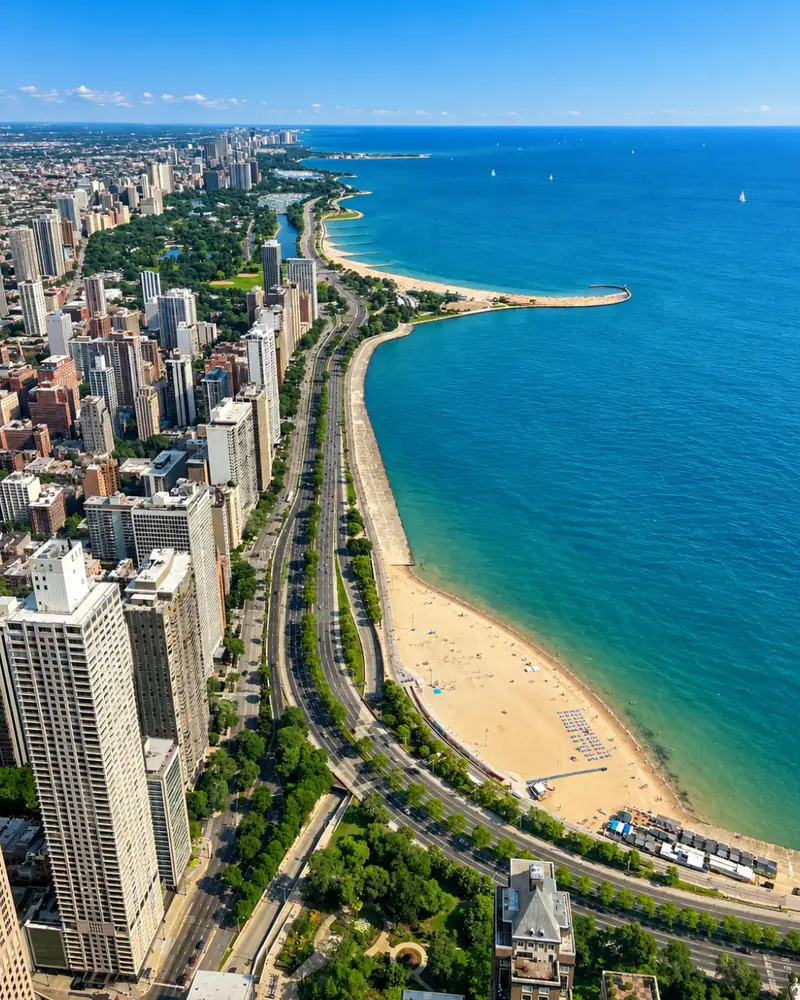 High-angle view looking north along the Chicago lakefront on a sunny day, showing Oak Street Beach, Lake Shore Drive, and the North Avenue Beach pier jutting into the turquoise waters of Lake Michigan.