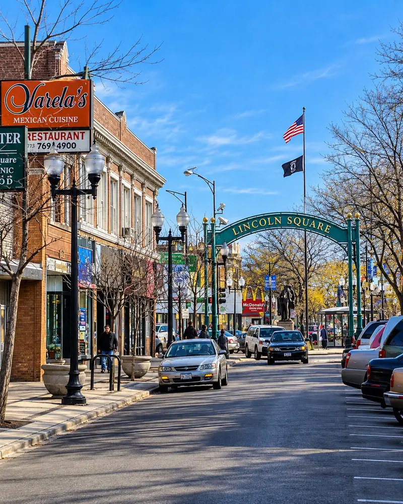 A multi-lane neighborhood street features a large, decorative green metal arch overhead displaying the words "LINCOLN SQUARE." Several cars drive and park along the street, which is lined with historic brick storefronts, vintage lampposts, and bare trees under a hazy sky.
