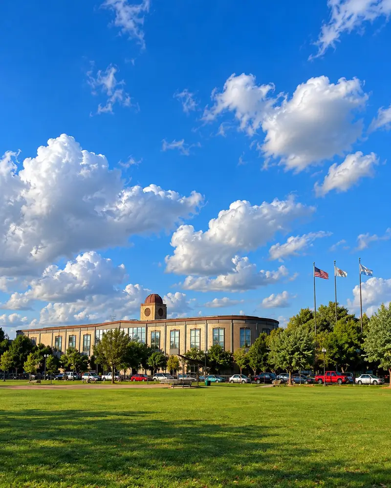 A wide green park lawn extends toward a large, curved brick institutional building featuring a small domed tower on its roof line. Lush green trees and parked cars border the field, while three flagpoles fly flags against a bright blue sky filled with fluffy white clouds.