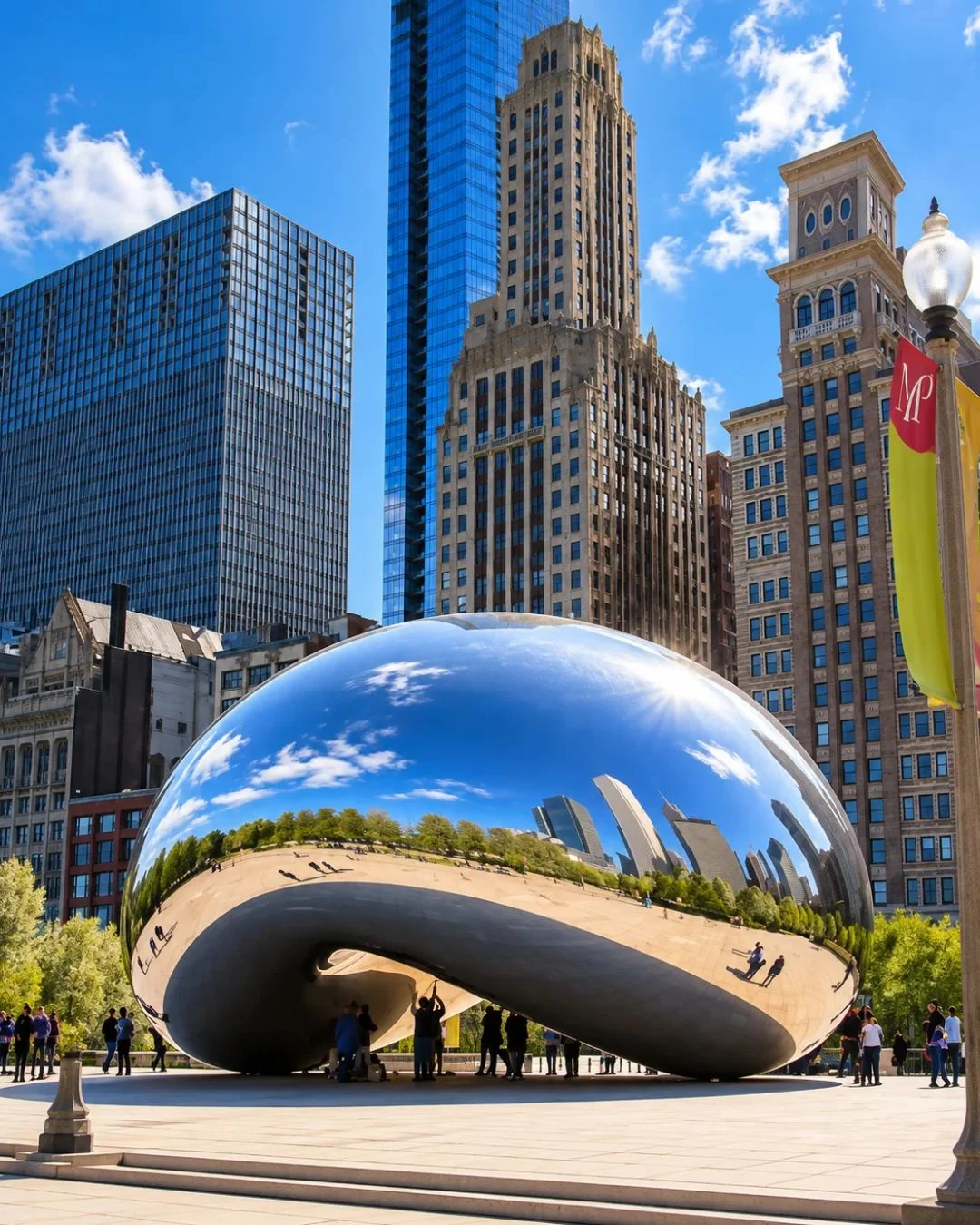 A large, bean-shaped stainless steel sculpture reflects the surrounding city skyline and a bright blue sky with scattered clouds. Visitors walk around the base of the smooth, polished installation in a sunny public plaza.