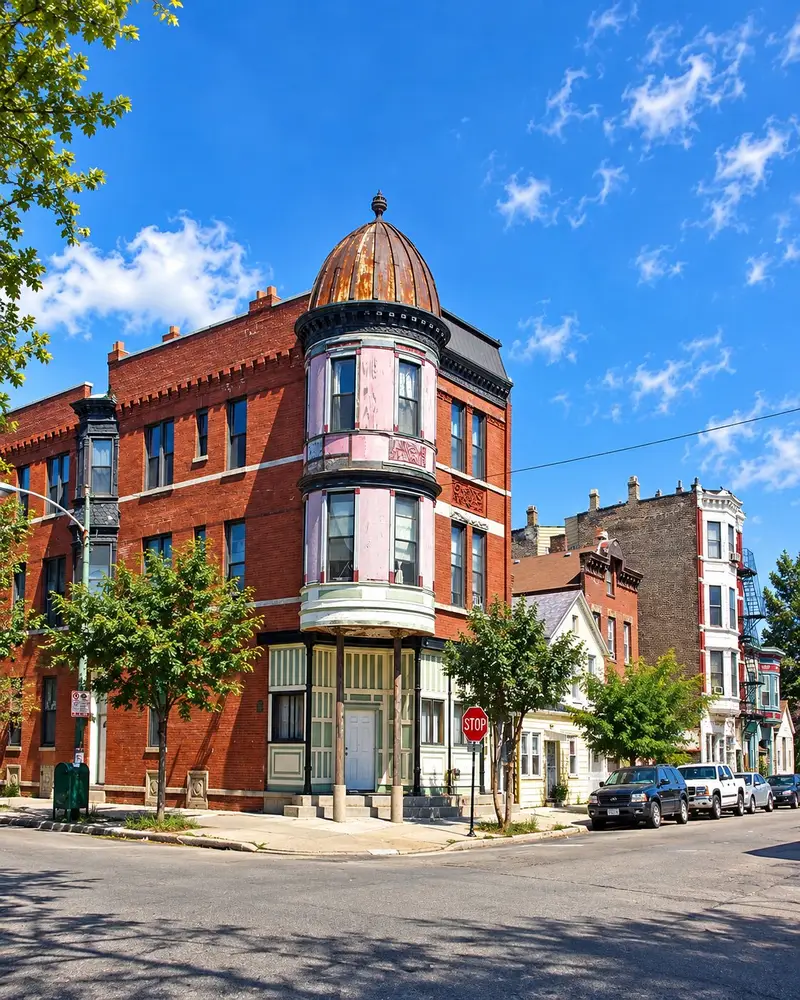 A prominent multi-story red brick building features a distinct corner bay window tower topped with a weathered copper dome at a city intersection. The surrounding street is lined with historic row houses, parked cars, and green trees under a clear blue sky.