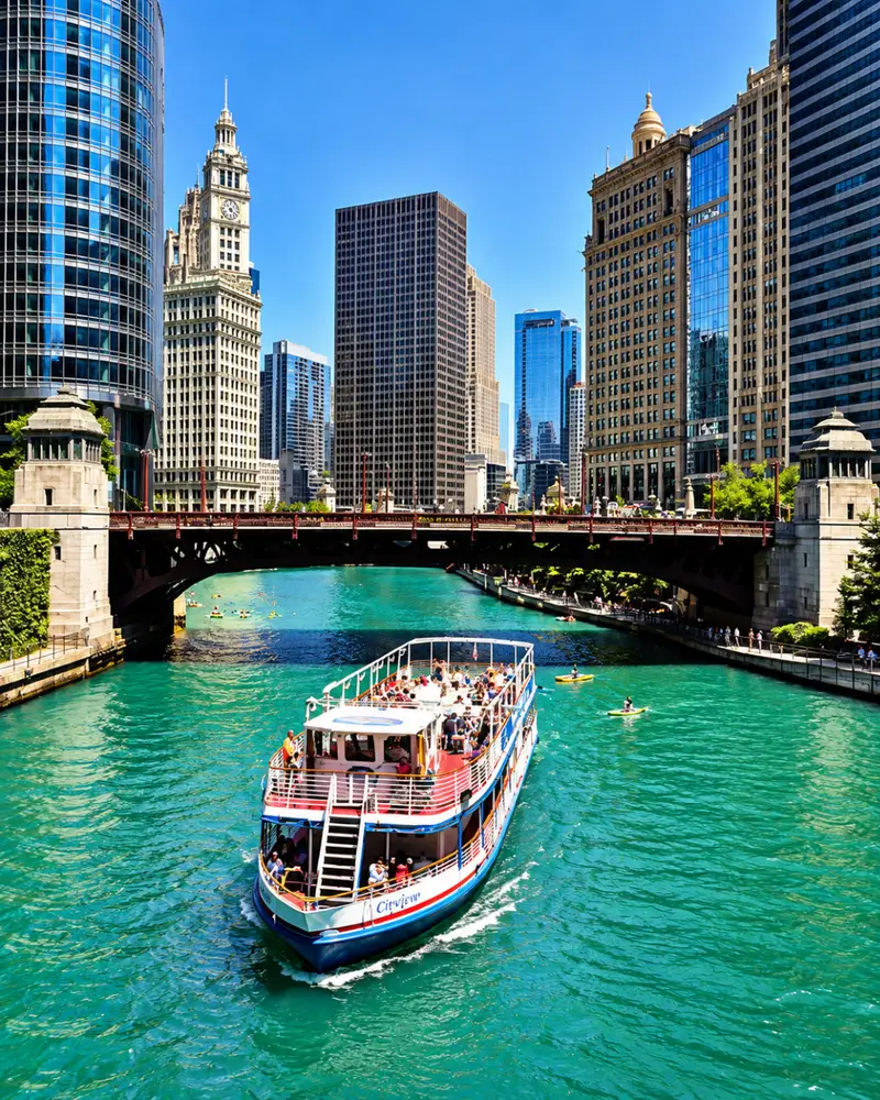 A double-decker architecture tour boat cruising down the vibrant turquoise waters of the Chicago River, passing under a downtown bridge with historic skyscrapers in the background.