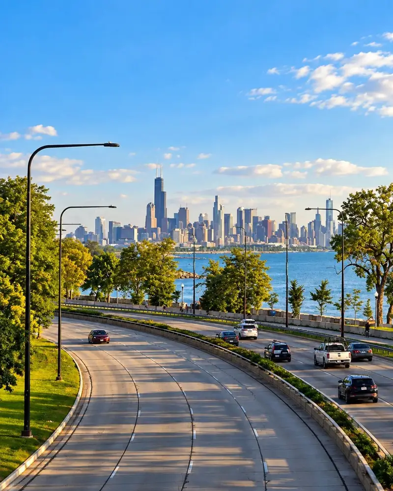 A scenic, elevated view shows traffic flowing along DuSable Lake Shore Drive with the iconic Chicago skyline rising in the background against a blue sky with scattered clouds. The curving roadway is flanked by lush green trees and lampposts, casting long shadows across the empty lanes on the left. The deep blue waters of Lake Michigan stretch out alongside the highway, separating the bustling city center from the parkway.
