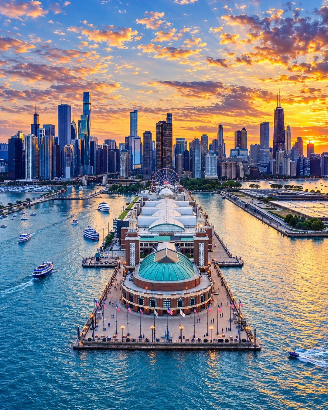 An expansive aerial view captures Chicago's Navy Pier stretching out into Lake Michigan with the towering downtown skyline rising in the background. The detailed architecture of the pier features its prominent green-domed building at the tip, leading back toward a Ferris wheel and white-roofed pavilions. A vibrant sunset fills the sky with golden, orange, and blue hues, casting a warm glow over the water where several small boats and jet skis leave trails.